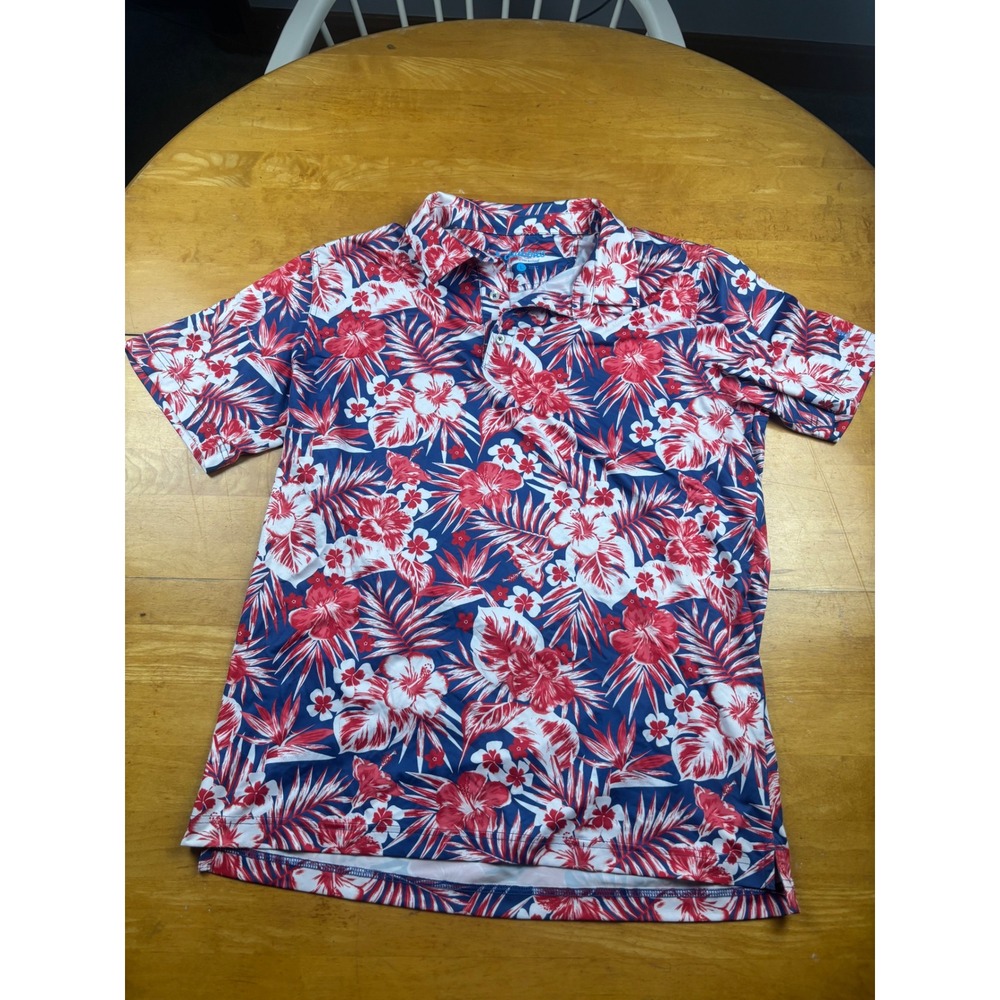 Chubbies Mens Large Performance Polo Shirt Red White Blue Hibiscus Floral Print